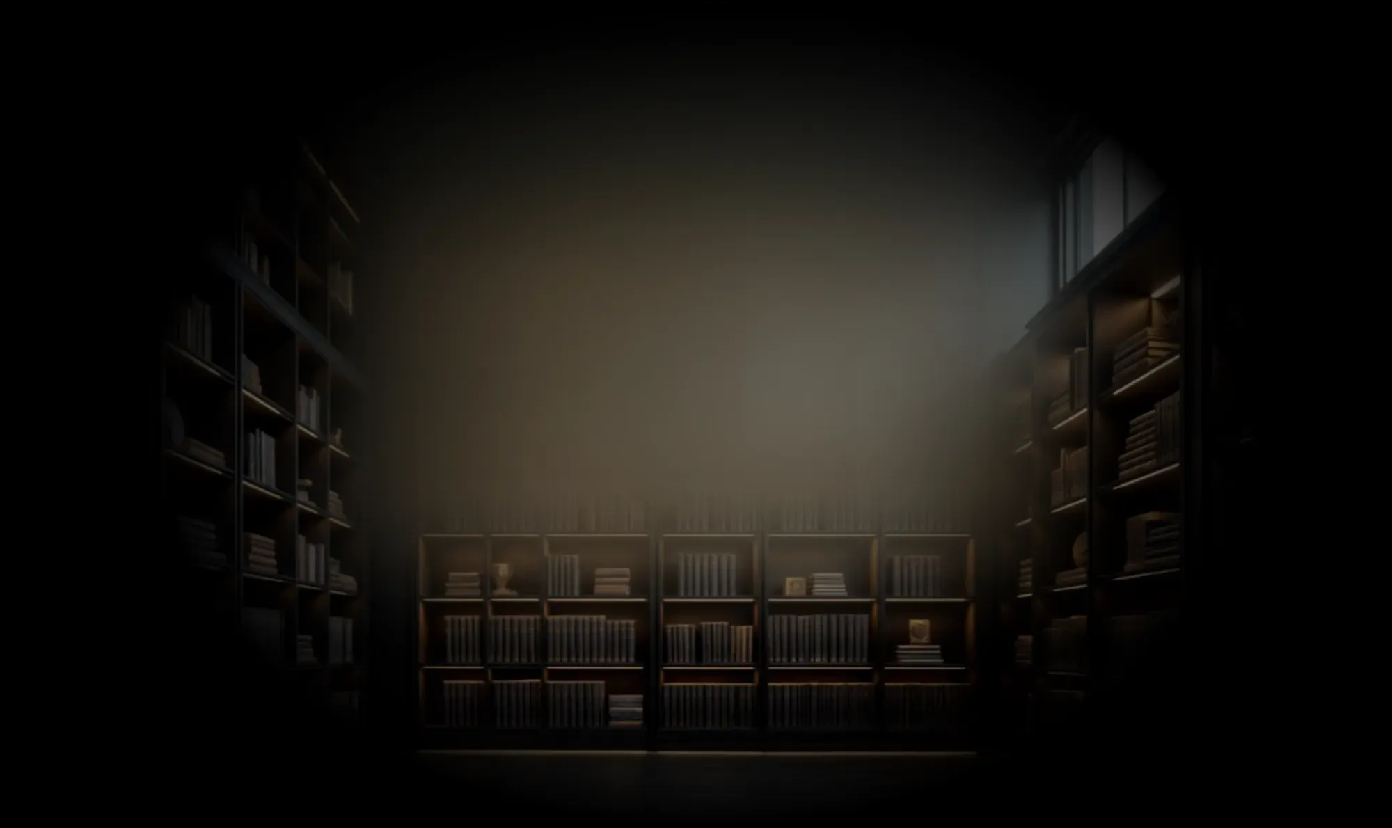 Modern dimly lit library with dark wooden shelves filled with books and decorative plates.