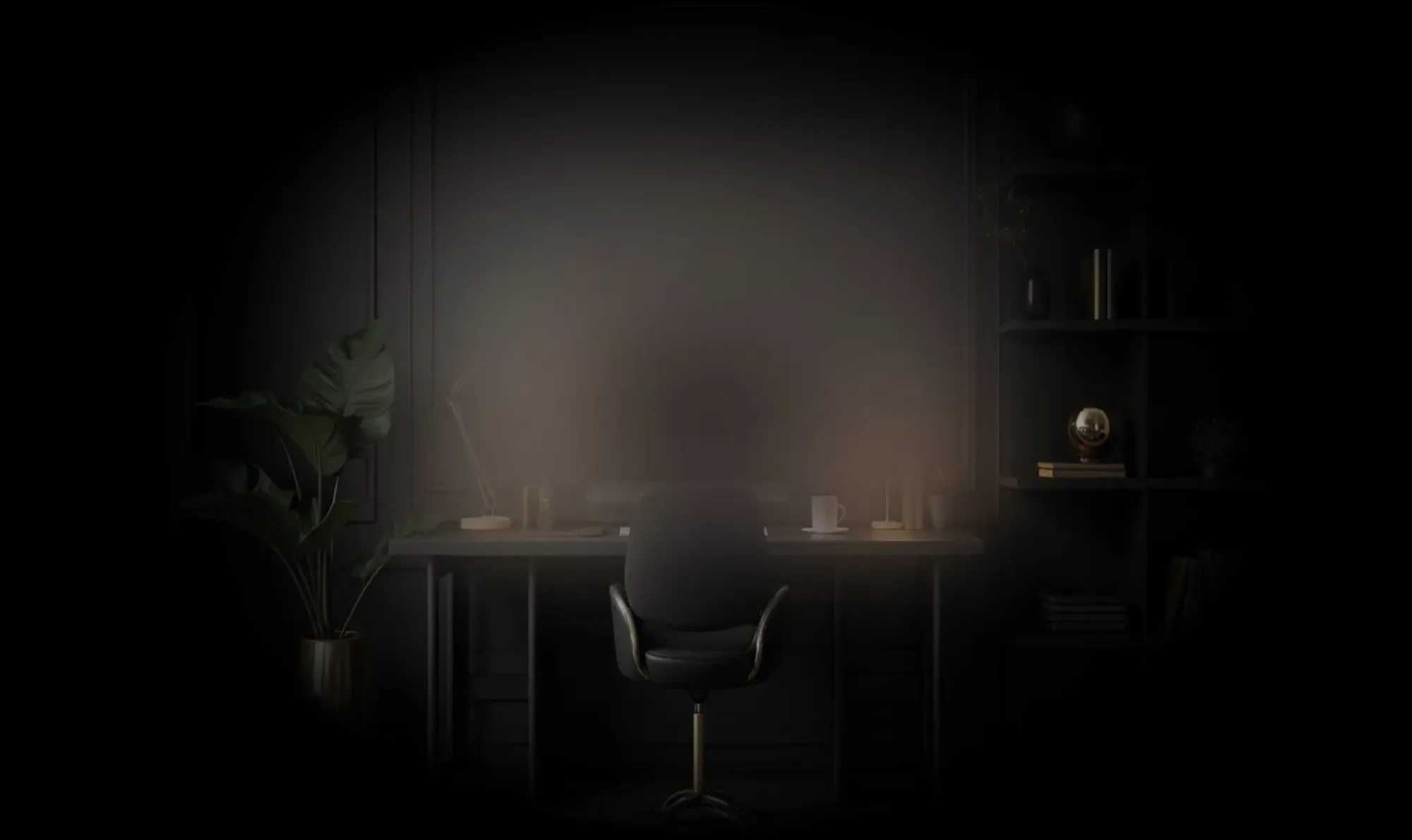 Dark-toned home office with black chair, black desk, potted plant with large leaves in golden planter, bookshelf with books and decorative objects, and large window with white curtain.