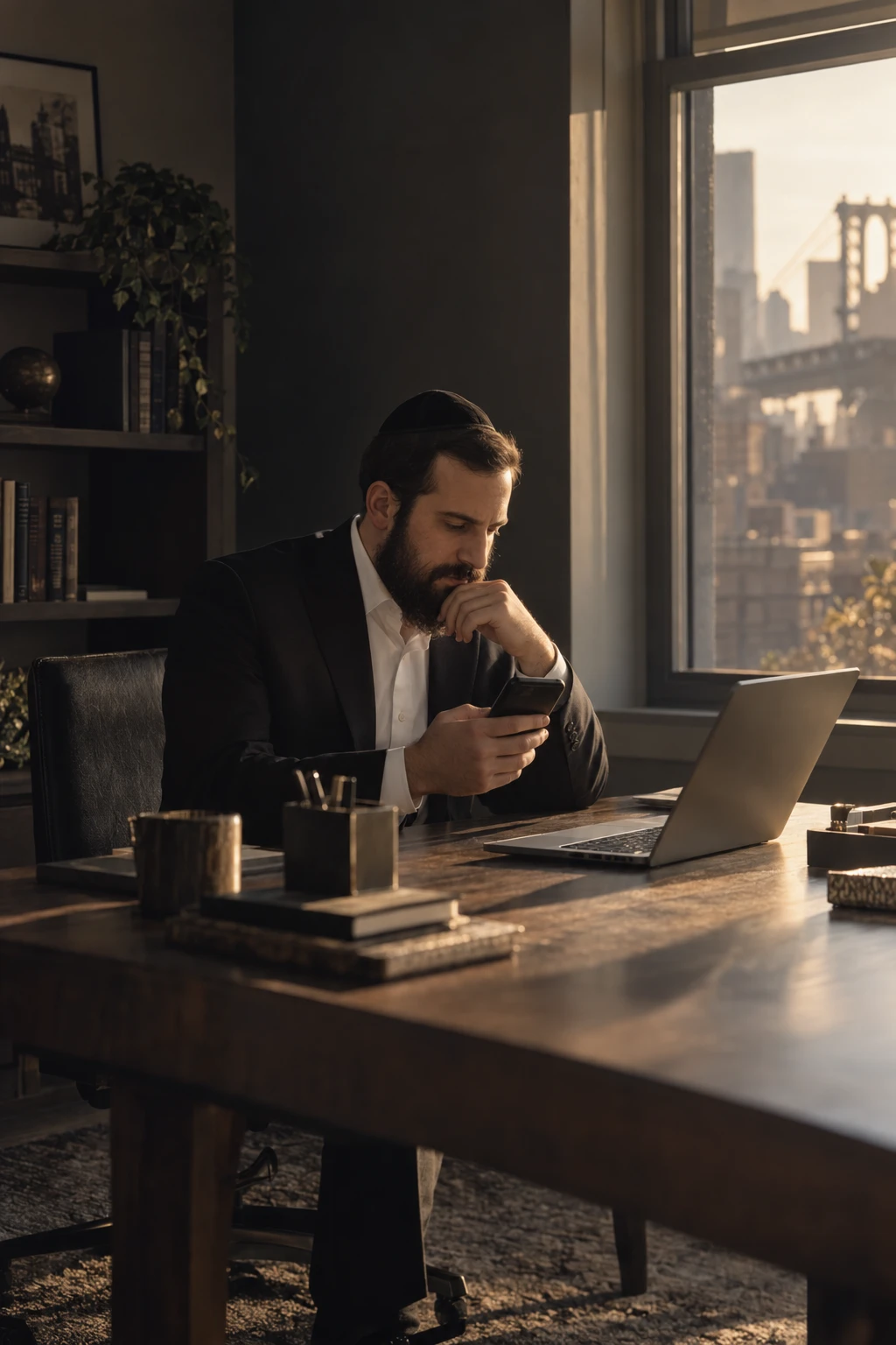 A student checking his inbox on his phone at a desk by the window